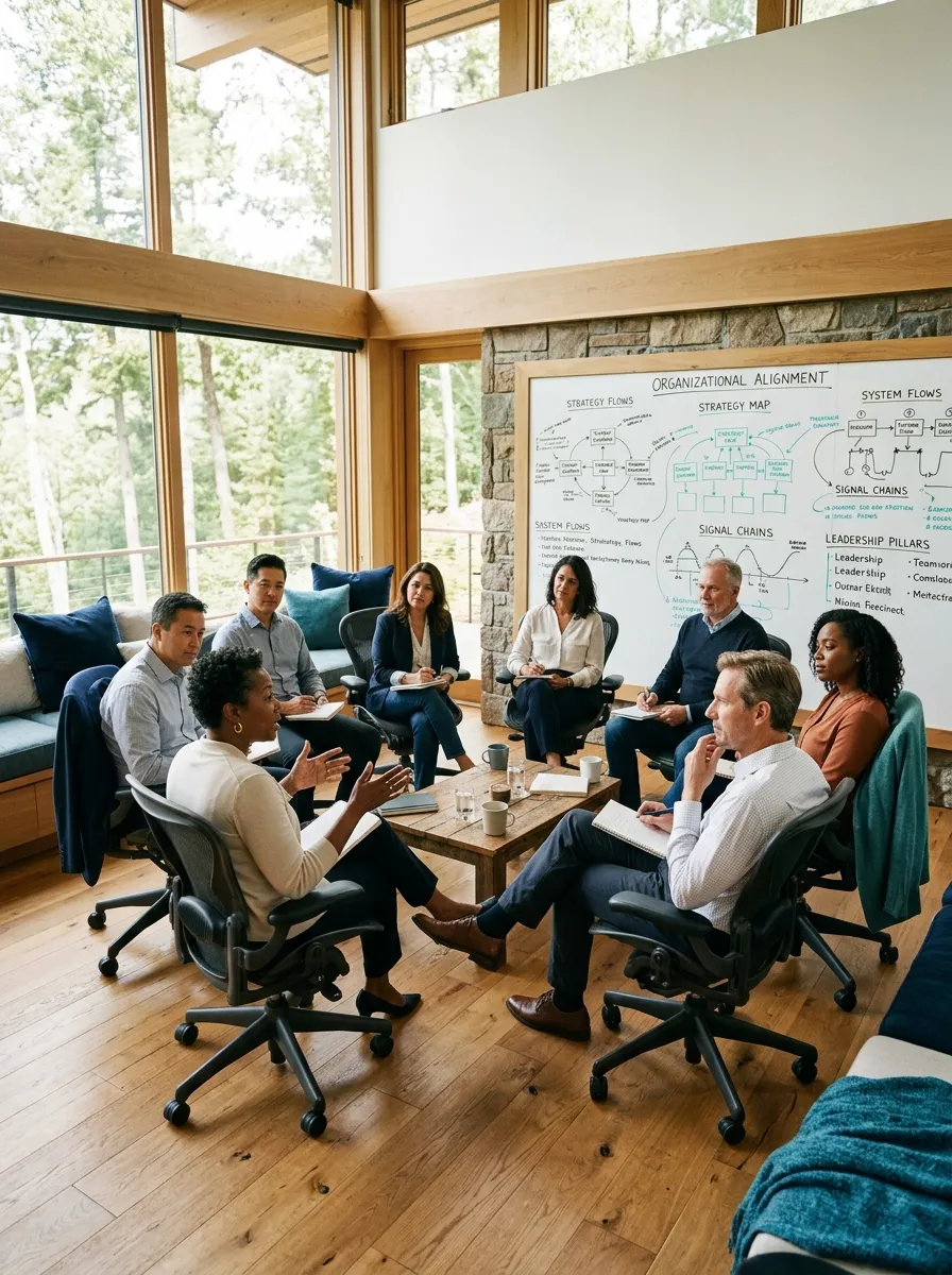 Executive alignment workshop with leaders collaborating around organizational frameworks