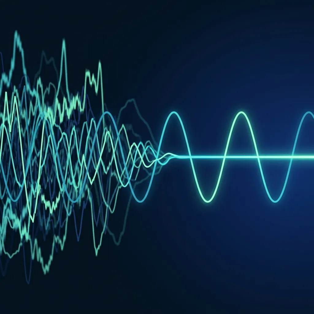 Abstract visual of pure harmonic signal frequency wave resolving out of turbulent competing signals
